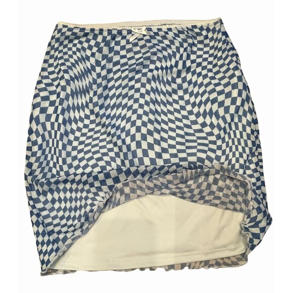 blue checkered alice wonderland mesh overlay pencil skirt with lettuce hem bow - Picture 6 of 6